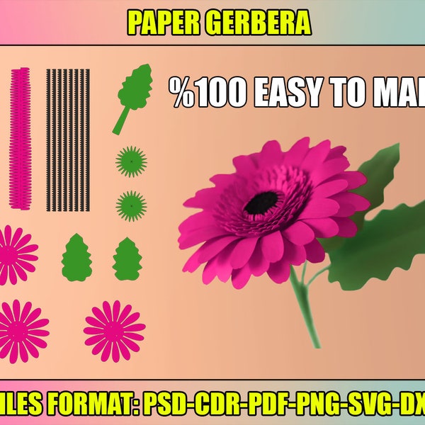 Paper Gerbera SVG Template, Paper Flower Template, DIY Paper Flower, Flower Cut Files, Cricut, Silhouette Cut Files, instant Download