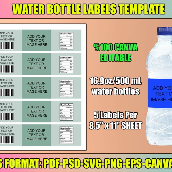 Water Bottle Label Template, Canva Editable Water Label, Water Bottle Label Blank Template, Party Template, Printable Template, Instant Down