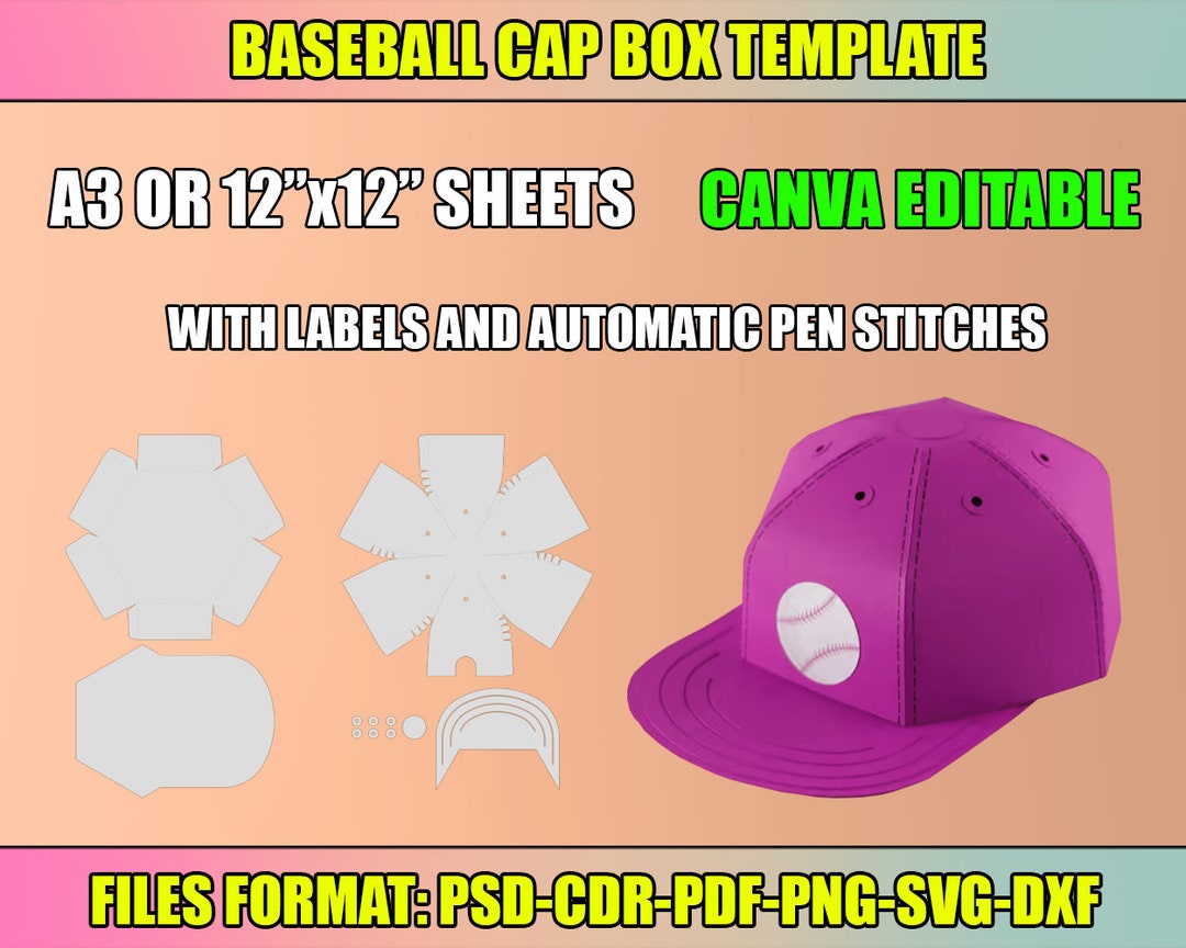 Baseball Cap Box SVG Template, Baseball Hat Box SVG, Canva Editable