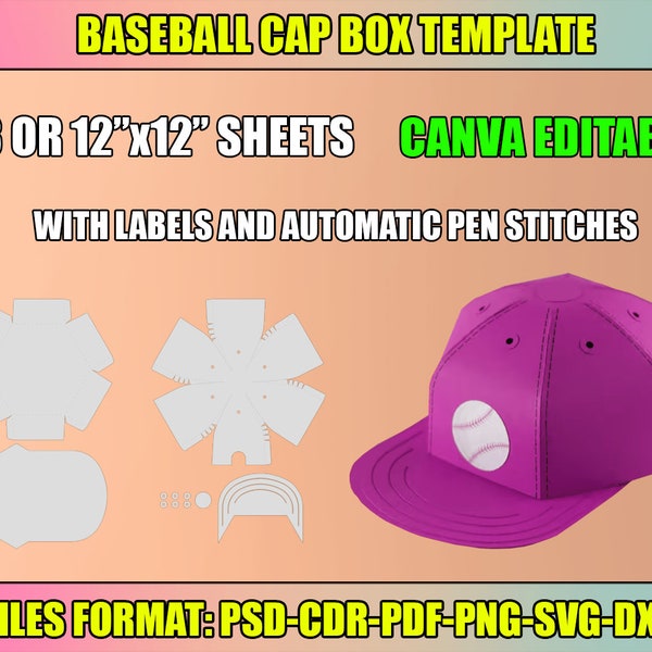 Baseball Cap Box SVG Template, Baseball Hat Box SVG, Canva Editable, Favor Box SVG, Cricut Cut Files, Silhouette Cut Files, Instant Download