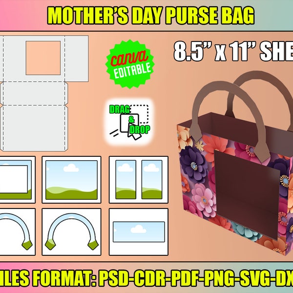 Mother's Day Purse DIY, Handbag Gift Box Template, Foam Board, Designer Inspired, Canva Editable, Silhouette, Cricut, Svg, instant download