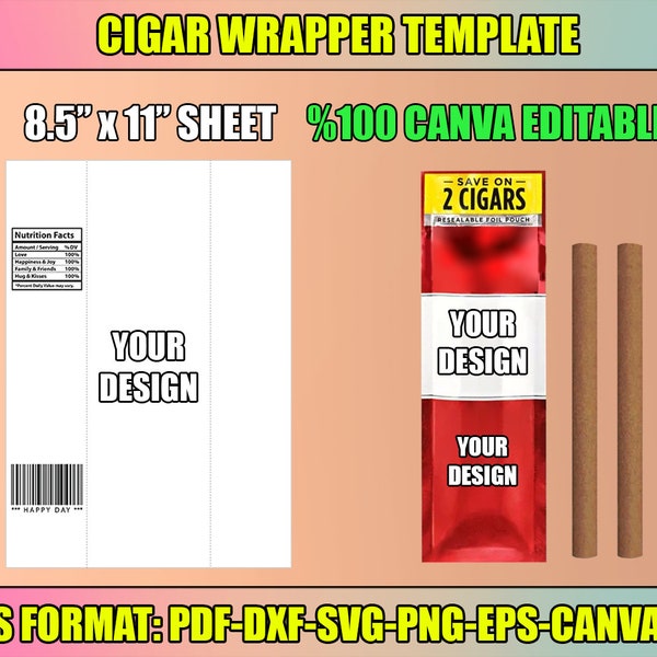 Sweet Cigar Wrapper Template Svg, Editable Full Wrapper, Cigaratte Pack, Cricut, Canva, Silhouette, Printable Sheet, Instant Download