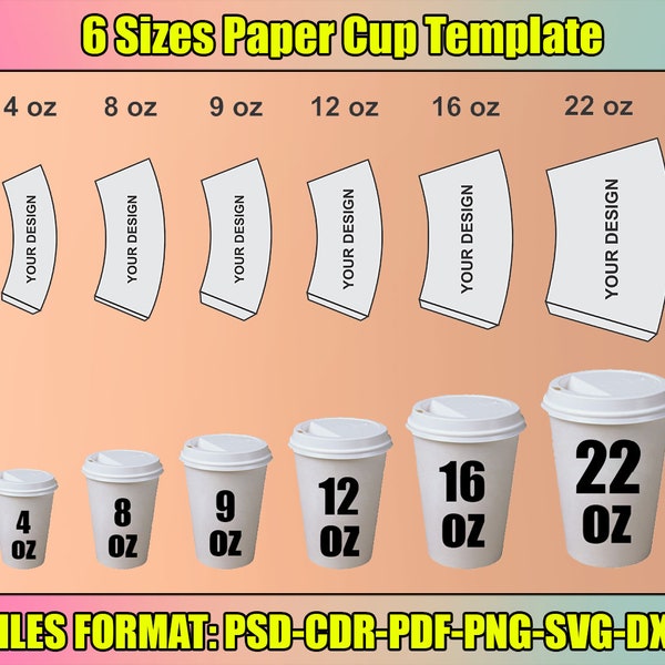 6 Größen Papier Cup Wrapper Vorlage, Papier Kaffeetasse Vorlage, Bundle Cup Wrapper Vorlage, 4 Unze - 8 Unze - 9 Unze - 12 Unze - 16 Unze - 22 Unze - Vorlage