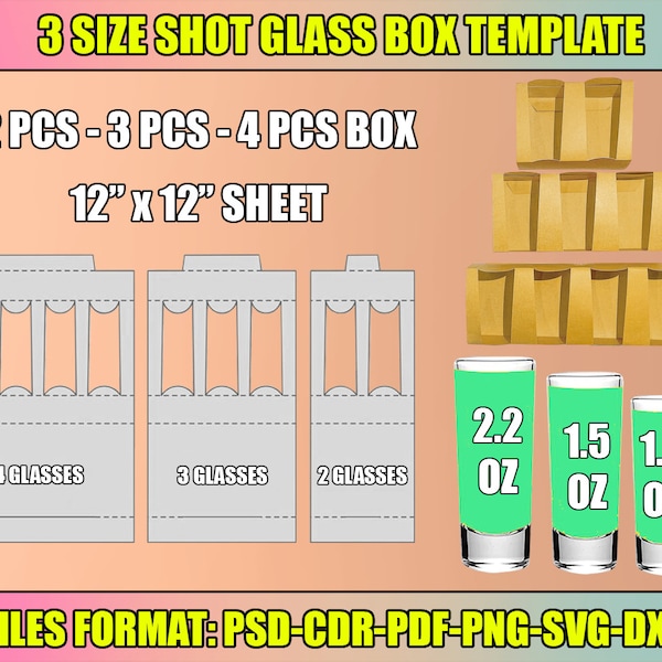 Shot Glass Box Template Bundle, Shot Glass Box Template, Shot glass box svg, Box for 2,3 or 4 Shot Glass, party favor box, box svg, pdf, psd