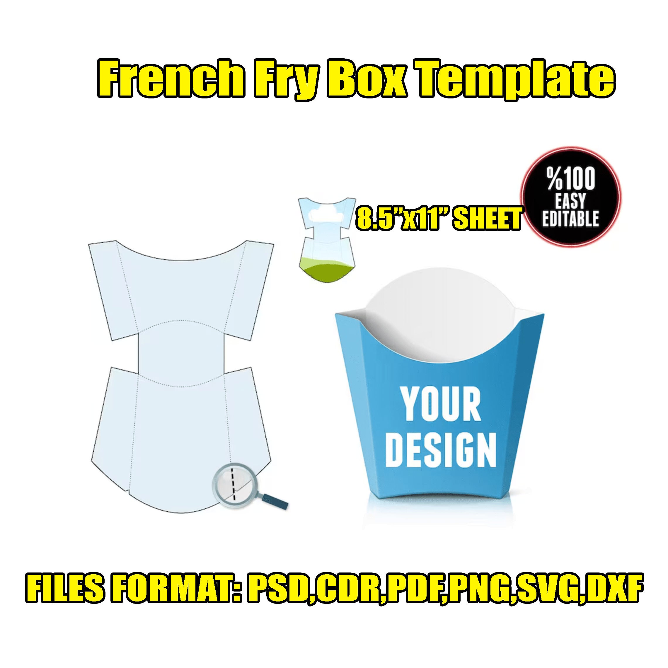 French Fry Box Template Svg, French Fry Packaging Template, Snack Box