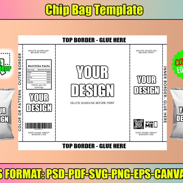 Chip Bag Template, Blank Chip Bag, Chip Bag Label, Party Chip Bag, Chip Bag Editable, Canva Edit, Printable Party Favor, Customizable, svg