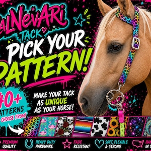 May include: A horse wearing a colorful leopard print headstall with metal hardware. The background features the text CALNEVARI TACK PICK YOUR PATTERN, 40+ PATTERNS TO CHOOSE FROM, and various pattern swatches including skulls, sunflowers, and galaxy prints.