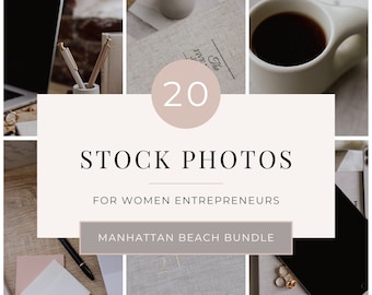 May include: A collage of 20 stock photos for women entrepreneurs, featuring a laptop, coffee, pens, notebooks, and jewelry. The photos are set in a light and airy aesthetic with a neutral color palette.
