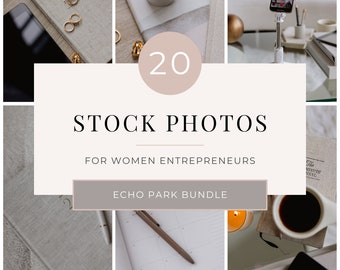 May include: A collage of 20 stock photos for women entrepreneurs, featuring a variety of office supplies, technology, and lifestyle elements. The photos include a calendar, a phone, a laptop, a candle, a coffee cup, and a journal.