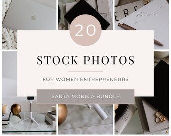 May include: A collage of 20 stock photos for women entrepreneurs, featuring a laptop, a phone, a coffee cup, a notebook, a pen, a gold decorative sphere, a white tripod, a magazine, a tablet, and a calendar. The text "20 Stock Photos for Women Entrepreneurs Santa Monica Bundle" is displayed in the center of the collage.