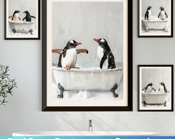 Penguins in a Vintage Bathtub Penguin in Tub Bathroom Wall Art Set of 4 Unframed Print Animal Art  Bathroom Decor Vintage Wall Art Decor