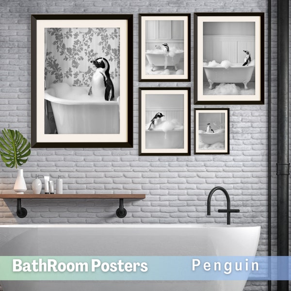 Cute Penguins in Tub Printable Wall Art Bathroom Art Print Digital Download Penguins in a Vintage Bathtub Bathroom Decor Animal Art Print