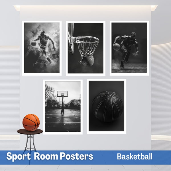 Basketball Wall Art Prints Set of 5 Prints Boys Room Decor Basketball Bedroom Decor Black and White art decor For kids room Ball art Poster