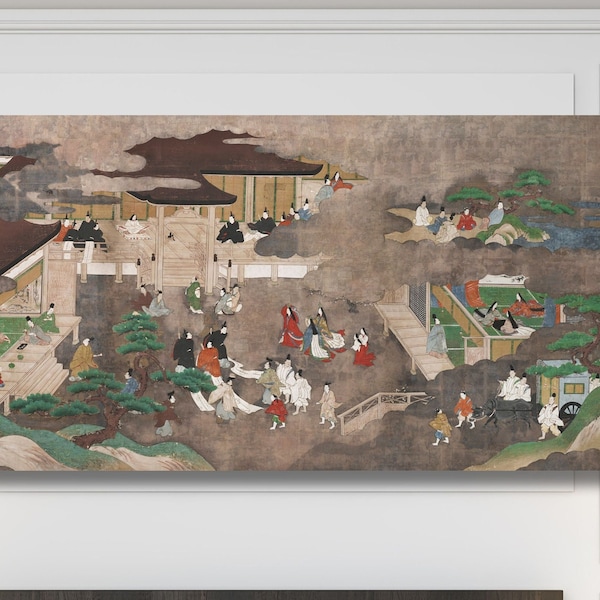 Scenes from the Tale of Genji on Silver Ground Canvas Wall Art Classic Japanese Art Ready to Hang Tosa school watercolor Canvas Wall art