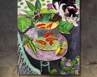 Matisse goldfish with cat, famous paintings with cats, defaced