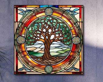 Stained Glass Tree of Life Canvas Art: Celtic Norse Decor