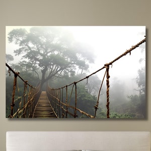 Bridge foggy mountain, Wooden Bridge balance Foggy Forest Canvas, Forest Painting Mountain Wall Art Forest Art Pine Fog Canvas Wall Art