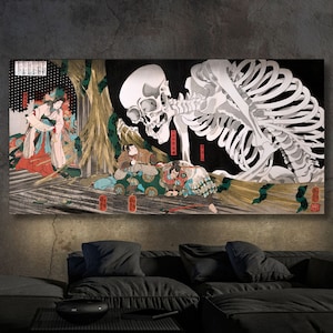 Uta Mitsukuni Defying the Skeleton Specter (1910) by Utagawa Kuniyoshi Canvas Wall Art Japanese Skeleton Classic Japanese Art Ready to Hang