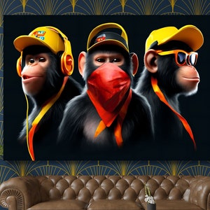 3 Monkeys Poster Art, Animal Print Canvas, No See No Hear No Speak, Living Room Canvas, Monkeys Art 3 Monkeys Canvas, Three Monkey Wall Art