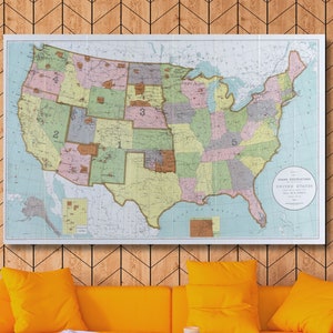 Carte des États-Unis avec toile design vintage, art mural, carte, art mural, carte des États-Unis, affiche, carte des États-Unis, art mural, déco vintage, prête à accrocher, cadeau de pendaison de crémaillère
