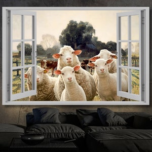 View Canvas open window canvas 5 curious sheep Painting canvas wall art, Printable Art, Famous Landscape Print Poster Classic Fine wall Art