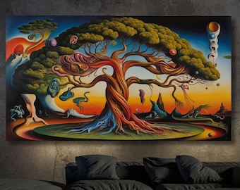 Könnte beinhalten: Ein surrealistisches Gemälde eines großen Baumes mit bunten Wurzeln und Ästen. Der Baum ist von einer Vielzahl abstrakter Formen und Figuren umgeben, darunter eine Sonne, ein Mond und ein Vogel. Das Gemälde ist in einem lebendigen Stil mit einer Mischung aus realistischen und abstrakten Elementen ausgeführt.