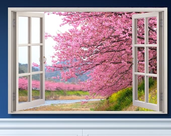 Cherry Blossom Canvas Print: Japan Landscape Open Window Wall Art