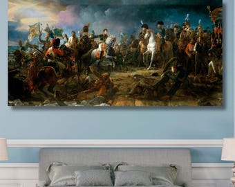 May include: A large rectangular canvas print of a historical battle scene, featuring numerous figures on horseback and on foot. The artwork is rich in detail, with a palette of browns, blues, and reds, and is mounted on a light blue wall above a bed.
