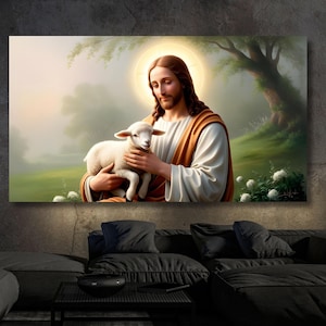 Lost Lamb Canvas Art Jesus Running After a Lost Lamb Poster, Jesus Lamb art Jesus and Lamb No Words, Loss Sheep with Jesus Canvas Decor art