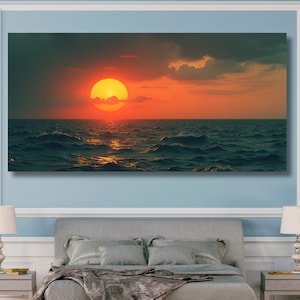 Boho Canvas Wall Art Sunset over the Emerald Green Ocean Minimal Canvas Wall Art Panoramic Mid Century Wall Decor gift art Sunset art