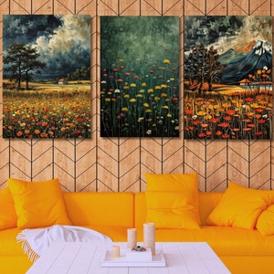 Set Of 3 Botanical Landscape Decor Wildflower Field Canvas Wall Art Floral Decor  Flowers Canvas Print Wildflower Art Floral gift Wall art
