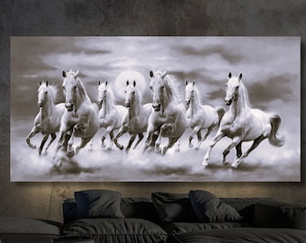 7 Running White Horses Canvas Wall Art,7 Running Horses Framed Wall Art,Horses Poster,Horses Print Extra Large Wall Art Horses Ready to Hang