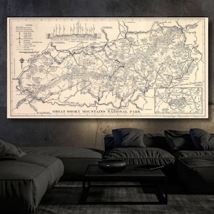 Great Smoky Mountains National Park canvas kunst aan de muur, Great Smoky Mountains kaart kunst aan de muur, Great Smoky Mountains kunst extra groot klaar om op te hangen