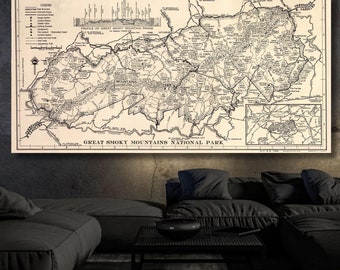 Great Smoky Mountains National Park Canvas Wall Art,Great Smoky Mountains Map Wall Art,Great Smoky Mountains art Extra Large Ready to Hang