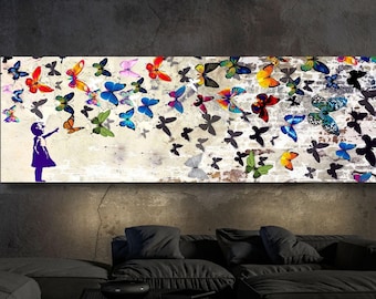 Lienzo con grafiti de mariposas de Banksy: Impresión de arte urbano moderno