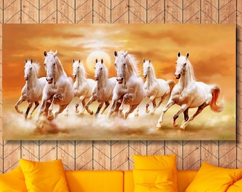 7 Running White Horses Canvas Wall Art,7 Running Horses Framed Wall Art,Horses Poster,Horses Print Extra Large Wall Art Horses Ready to Hang