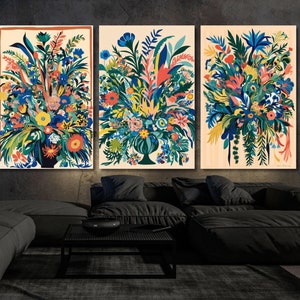 Set of 3 Matisse style flower set Canvas Wall Art Matisse Wall Art Exhibition Art Mid art Henri Matisse  Canvas Poster Matisse Wall Art