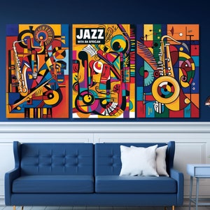 Set of 3 Jazz Club Canvas Wall Art, Night and Music, Concert, Orchestra, Jazz Wall Decor,Abstract Art, symbolic art Jazz Canvas Poster