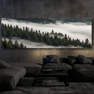 Morning mist over the mountain forest Canvas Wall Art foggy canvas print foggy pine framed wall art, misty mountain tree landscape art