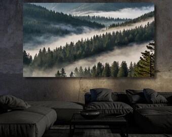 Foggy Mountain Canvas Art: Pine Forest Wall Decor