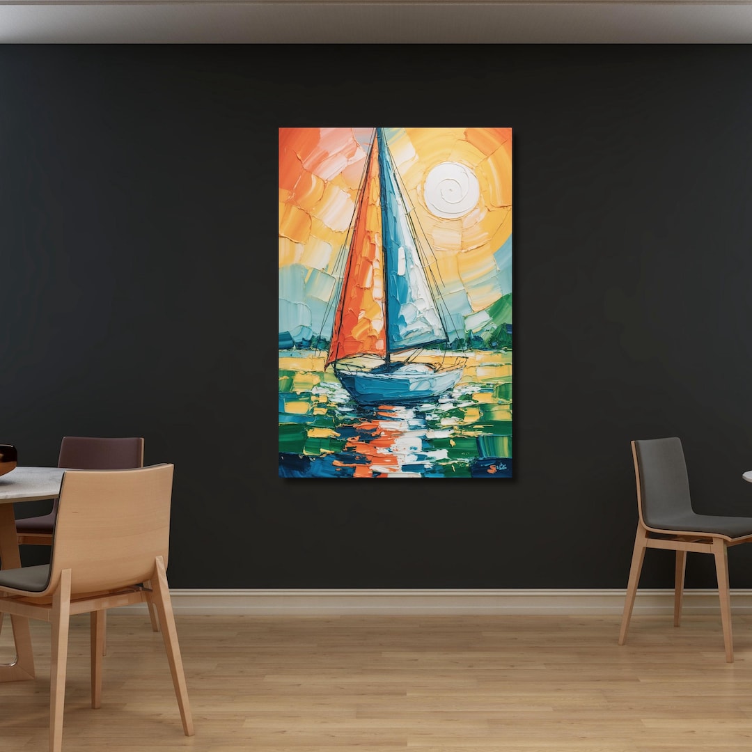 Sun Sailing Sea Canvas Wall Art, Ocean Sunset Sailboat Print, Nautical ...
