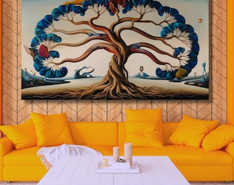 Può includere: Un dipinto surreale di un grande albero intricato con foglie blu e rosse. L'albero ha un tronco spesso e molti rami che si attorcigliano e si girano in un motivo complesso. Lo sfondo è un cielo azzurro chiaro con alcune nuvole. Il dipinto è realizzato in uno stile realistico con attenzione ai dettagli.