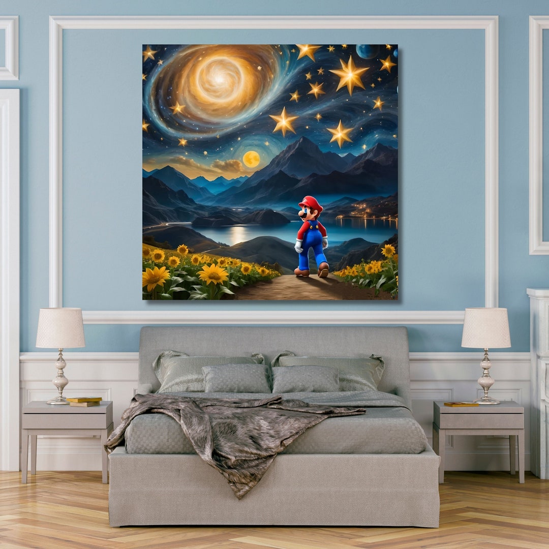 Mario Canvas Wall Art Super Mario Starry Night,mario Bros Canvas Art