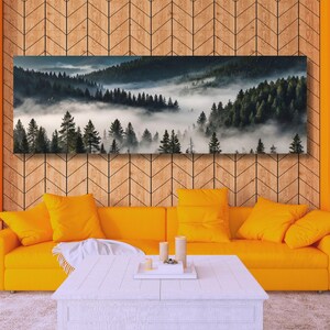 Morning mist over the mountain forest Canvas Wall Art foggy canvas print foggy pine framed wall art, misty mountain tree landscape art