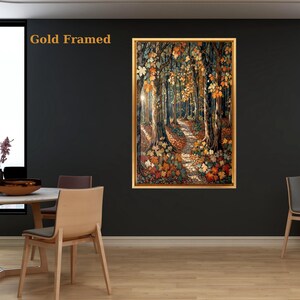 Könnte beinhalten: Ein goldgerahmtes Kunstwerk, das eine Waldszene mit einem Weg durch Bäume zeigt. Das Kunstwerk verwendet Herbstfarben, darunter Rot, Orange und Gelb. Der Text "Gold Framed" befindet sich in der oberen linken Ecke.