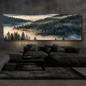 Morning mist over the mountain forest Canvas Wall Art foggy canvas print foggy pine framed wall art, misty mountain tree landscape art