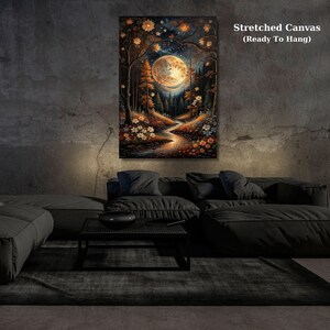 Klimt Night Village Night Print, Klimt Moon Stars Canvas Wall Art Modern Living Room Gold Flowers Night Sky wall art Firefly Forest decor