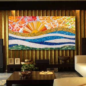 Panoramic Sunrise Mosaic Canvas Wall Art, Bedroom Decor, Home Decor,Sunrise Mosaic Long Sunshine Bedroom Wall Sun and Wood,rising sun canvas