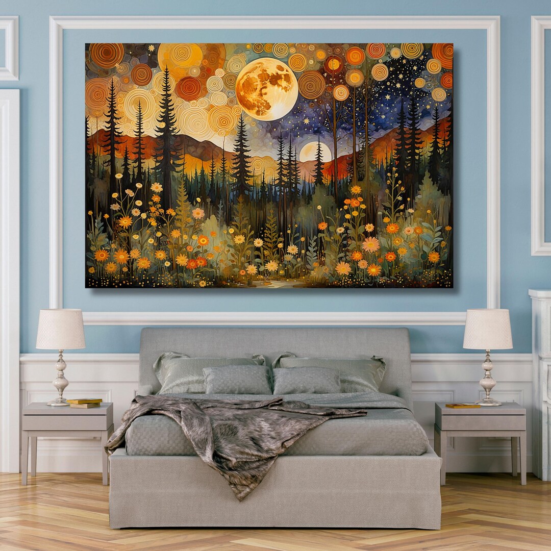 Full Moon Forest Canvas Art: Rustic Mountain Pine Tree Print - Etsy