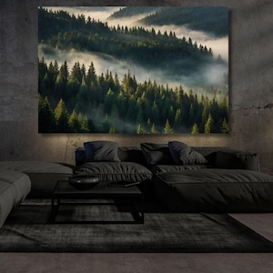 Forest Painting Mountain Wall Art Forest Art Pine Fog Canvas Wall Art Foggy Mountain Canvas, Triple Canvas Wall Art,Foggy Forest Canvas art